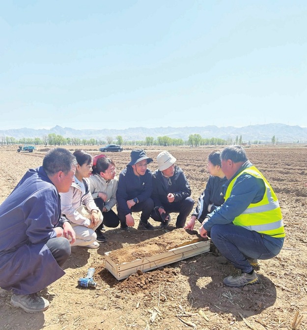 4月16日，国家级、省级质控专家和采样队员在应县王宜庄村采样点一起研究刚刚采取的整段剖面。