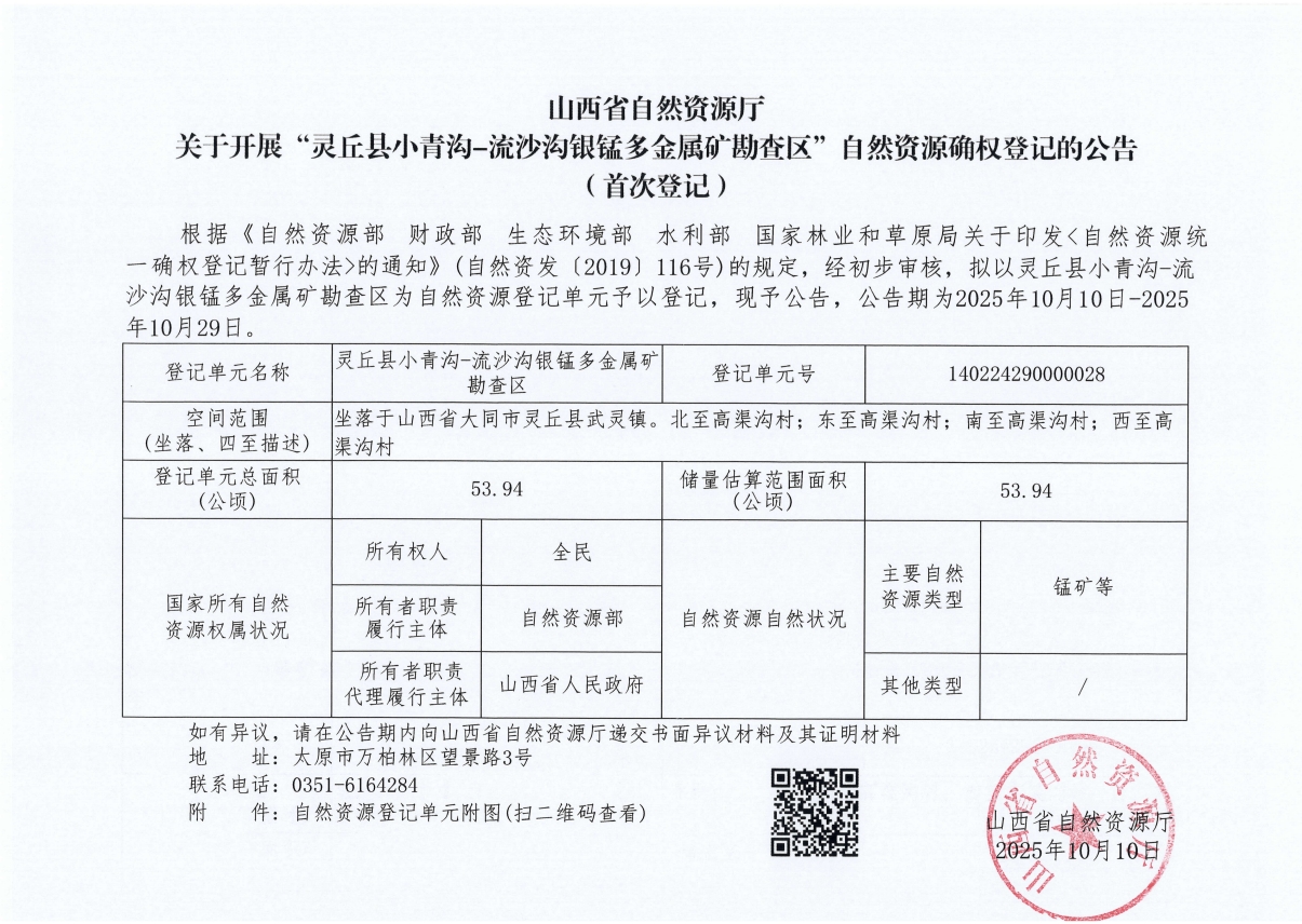 山西省自然资源厅关于开展“灵丘县小青沟-流沙沟银锰多金属矿勘查区”自然资源确权登记的公告(首次登记)