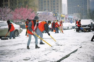 图为机关单位工作人员走上街头清雪除冰。于宏摄