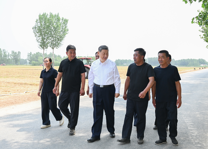 6月24日，中共中央总书记、国家主席、中央军委主席习近平在山东省德州市考察。这是习近平在陵城区边临镇东于架村同种粮大户、农机手、农技人员亲切交流。新华社记者 燕雁 摄