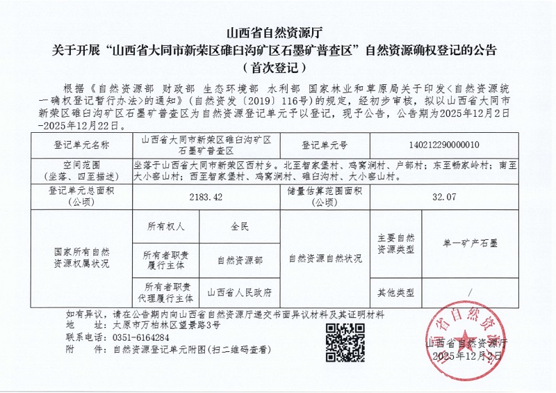 山西省自然资源厅关于开展“山西省大同市新荣区碓臼沟矿区石墨矿普查区”自然资源确权登记的公告（首次登记）